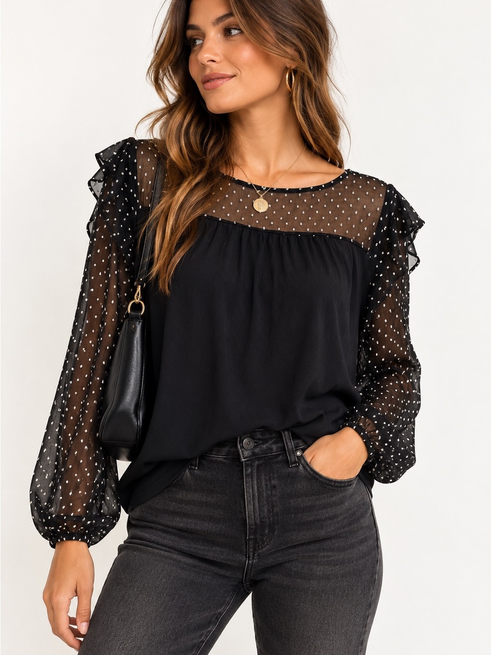 LOFT Black Sheer Polka Dot Ruffle Sleeve Blouse Romantic Boho Top Small